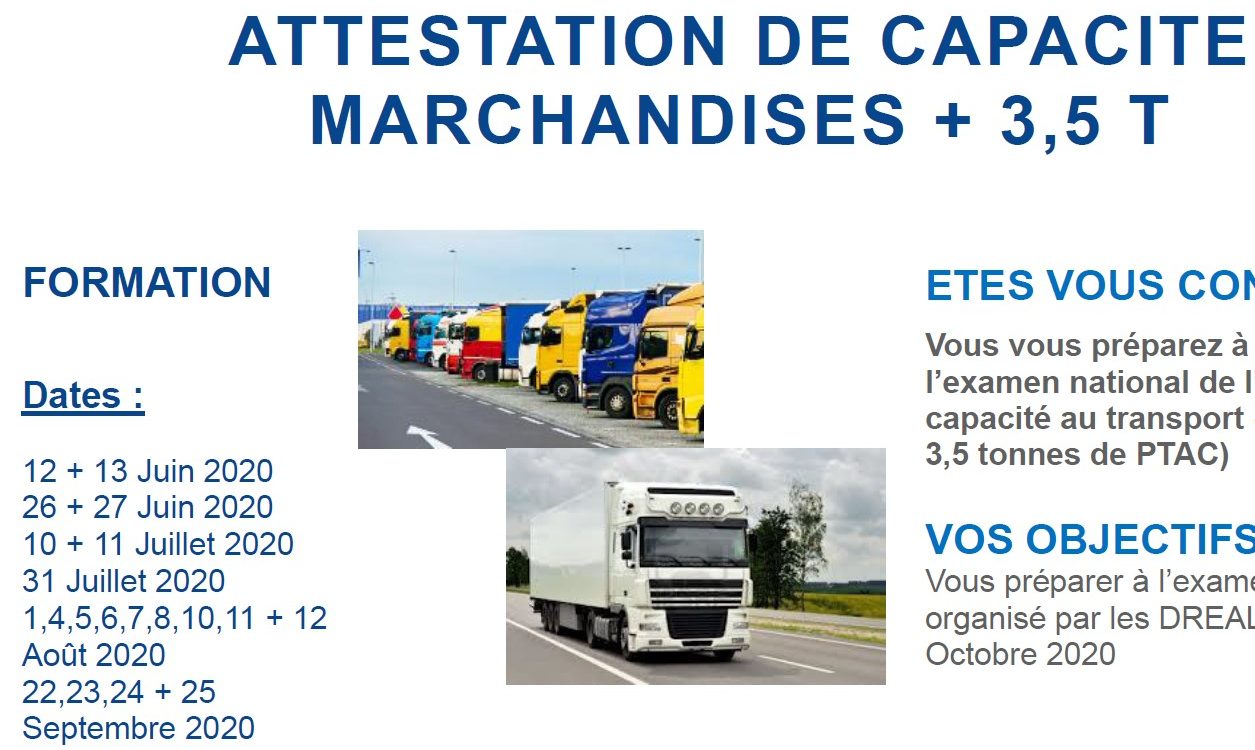 Le catalogue de formations 2020 est publié. Dates arrêtées pour la formation Attestation Capacité Transport PL>3,5t